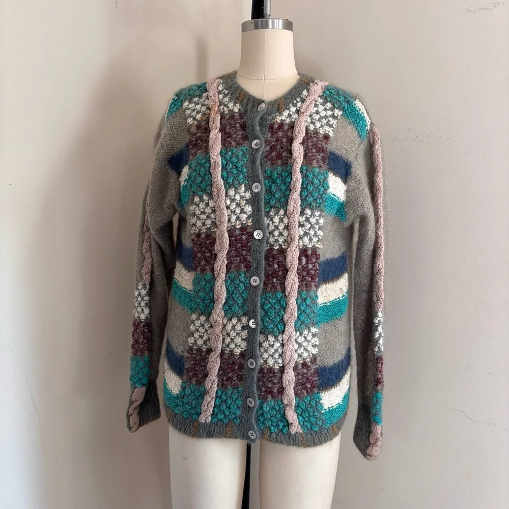 Vintage Cozy Multicolor Knit Wool Cardigan - Picture 2 of 9